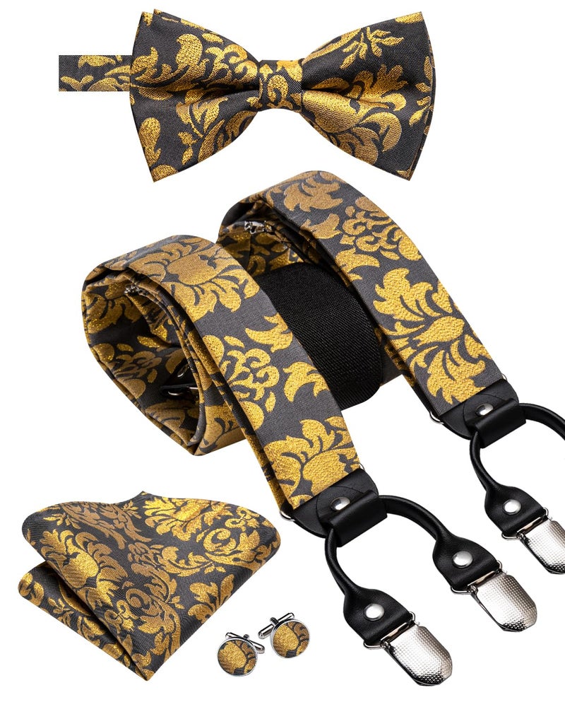 Dubulle Black and Gold Suspender for Men with Bow Tie Pocket Square Set Sparkles Gold Grey Brace Bowties Set - Image 1